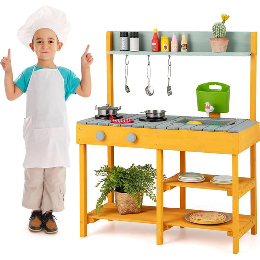 Cucina per bambini da esterno con serbatoio d'acqua, Cucina giocattolo con rubinetto realistico e accessori per giardino-Cucine giocattoli
