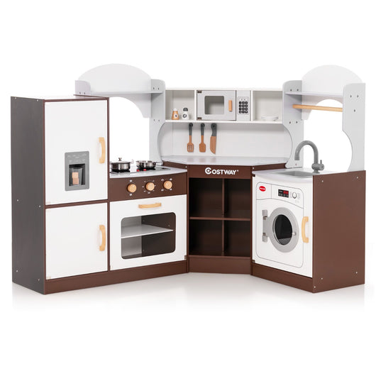 Cucinetta ad angolo in legno per bambini, Set cucina giocattolo con macchina di ghiaccio microonde forno lavello-Cucine giocattoli