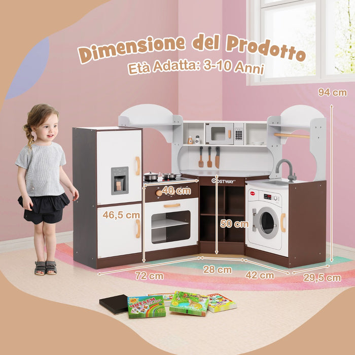 Cucinetta ad angolo in legno per bambini, Set cucina giocattolo con macchina di ghiaccio microonde forno lavello-Cucine giocattoli