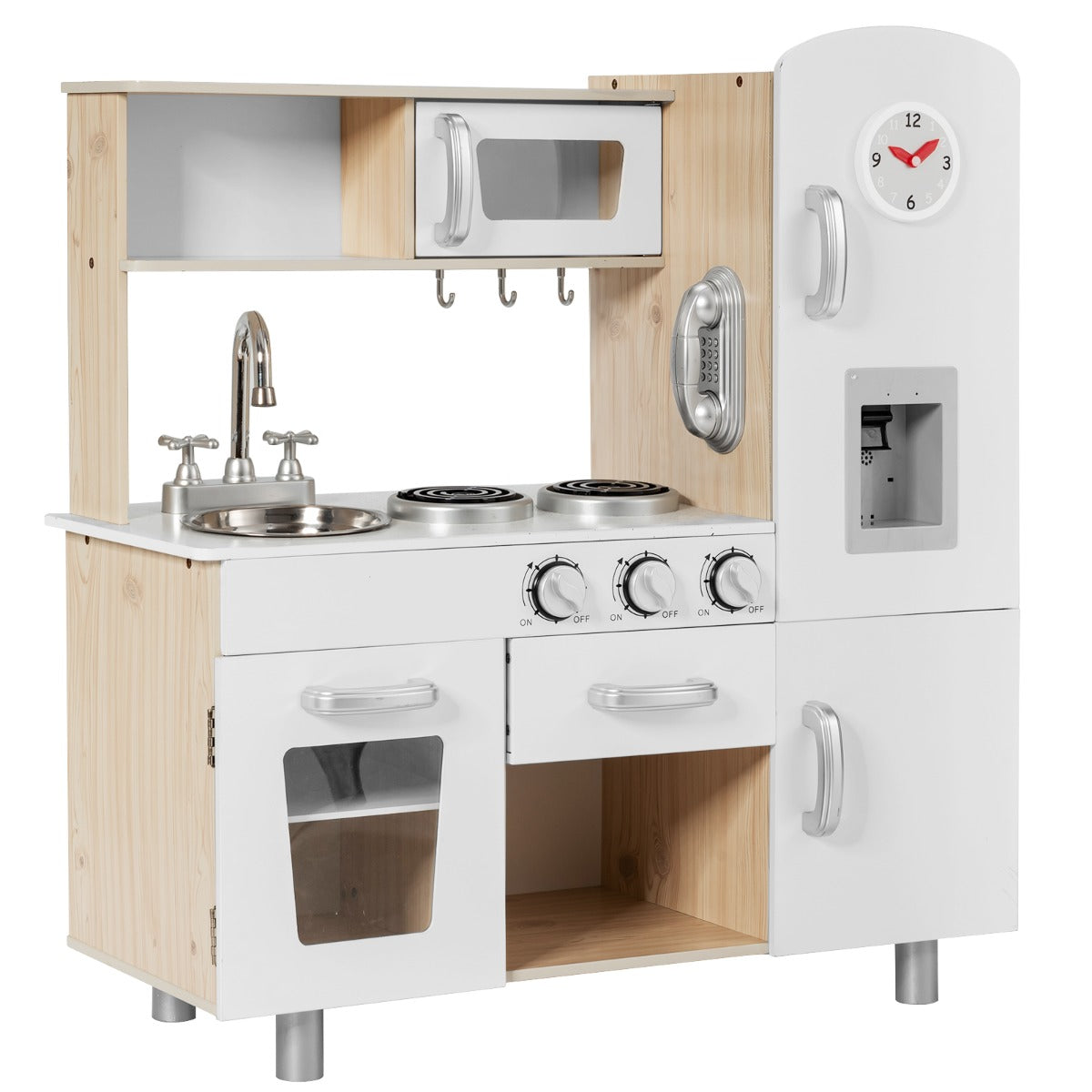 Cucinetta per bambini in legno con telefono piano cottura frigo lavello rimovibile, Cucina giocattolo Bianco-Cucine giocattoli