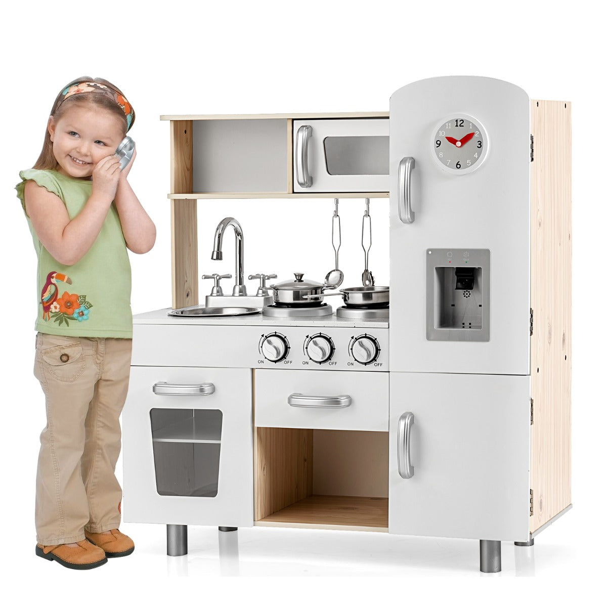 Cucinetta per bambini in legno con telefono piano cottura frigo lavello rimovibile, Cucina giocattolo Bianco-Cucine giocattoli