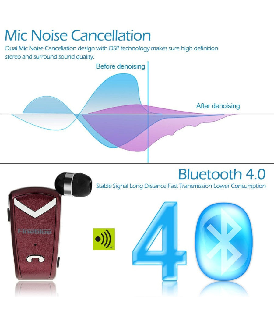 Cuffia Retraibile Auricolare Bluetooth Universale Fineblue F-v2 Per Smartphone         