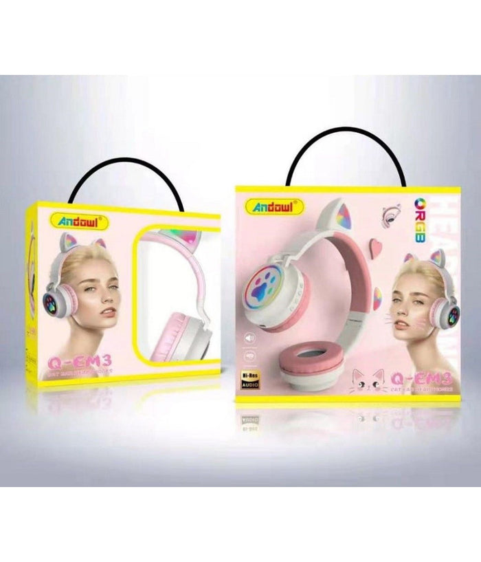 Cuffie Auricolari Q-em3 Wireless Bluetooth Filo Orecchio Di Gatto Led Microfono         