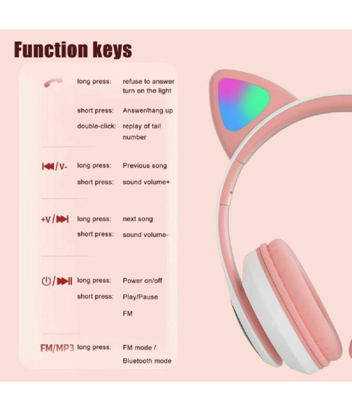 Cuffie Auricolari Q-em3 Wireless Bluetooth Filo Orecchio Di Gatto Led Microfono         