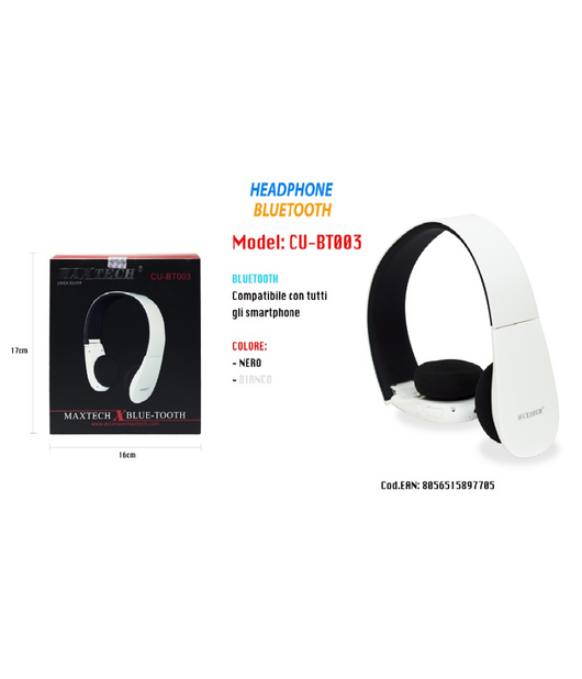 Cuffie Bluetooth Wireless Archetto Regolabile Microfono Pieghevoli Maxtech Cu-bt003         