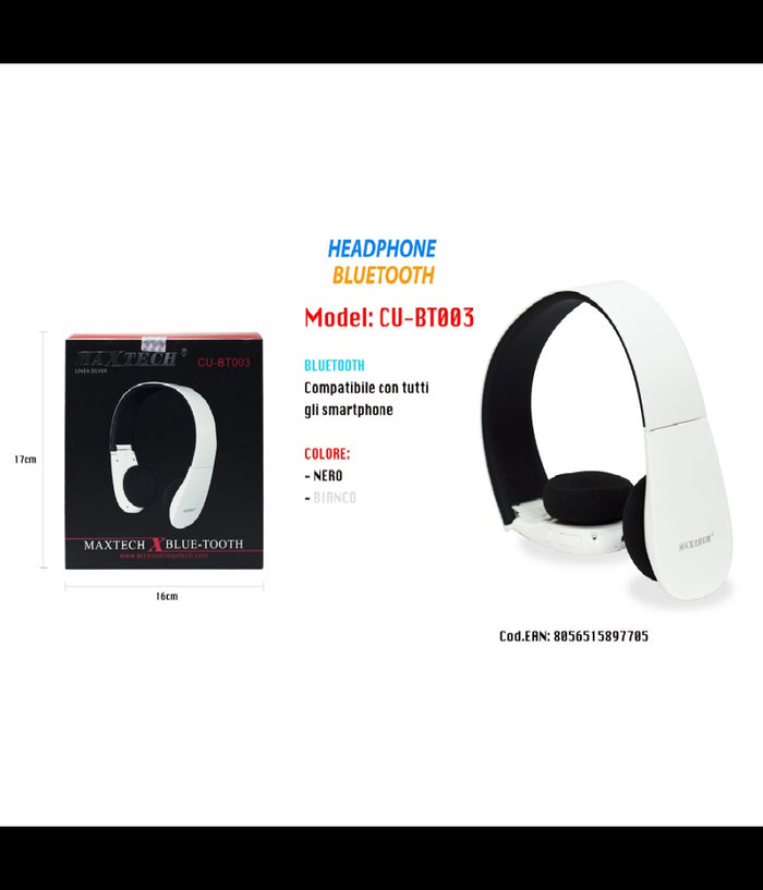 Cuffie Bluetooth Wireless Archetto Regolabile Microfono Pieghevoli Maxtech Cu-bt003         