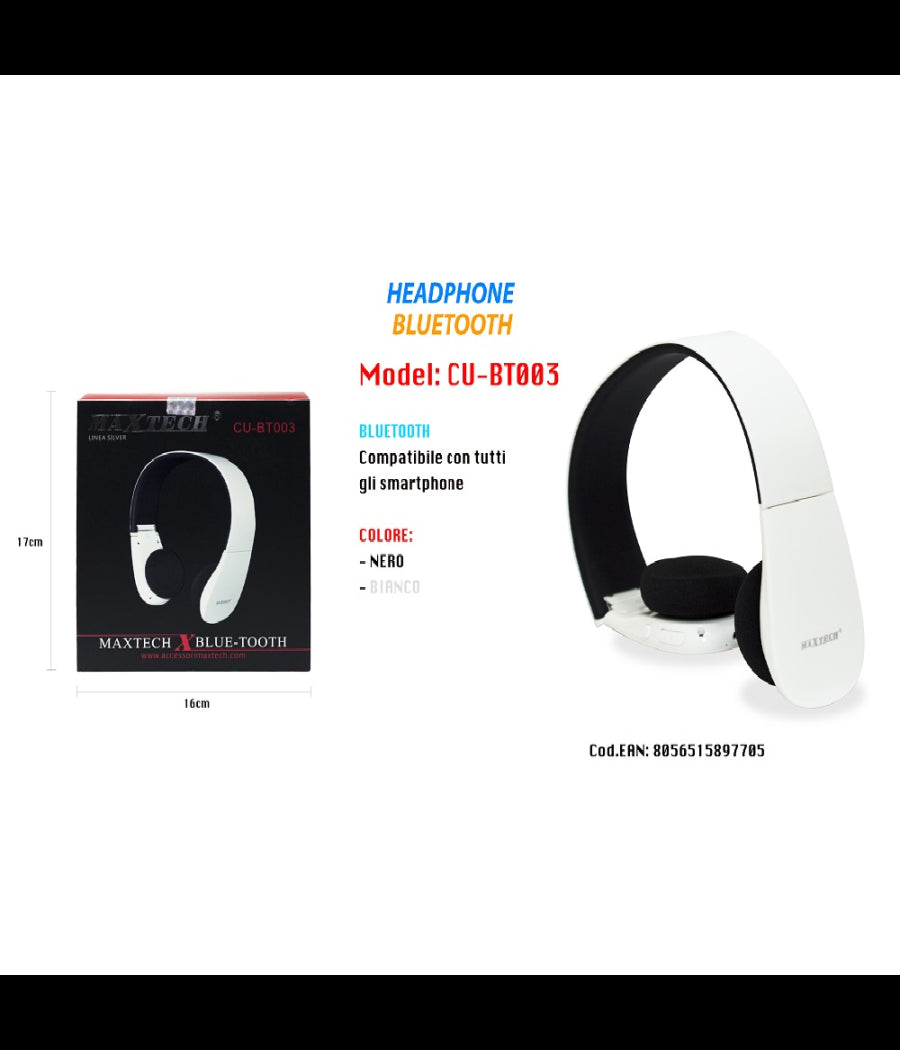 Cuffie Bluetooth Wireless Archetto Regolabile Microfono Pieghevoli Maxtech Cu-bt003         
