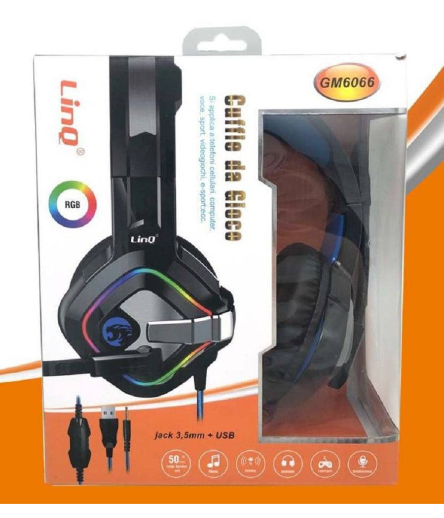 Cuffie Cablate Stereo Con Microfono Jack Usb Luci Rgb Led Gaming Film Pc Gm6066         