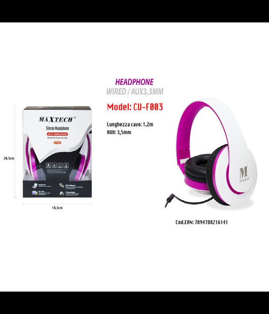 Cuffie Con Filo Attacco 3,5 Mm Pc Computer Mac Notebook Mp3 Portatili Maxtech Cu-f003         