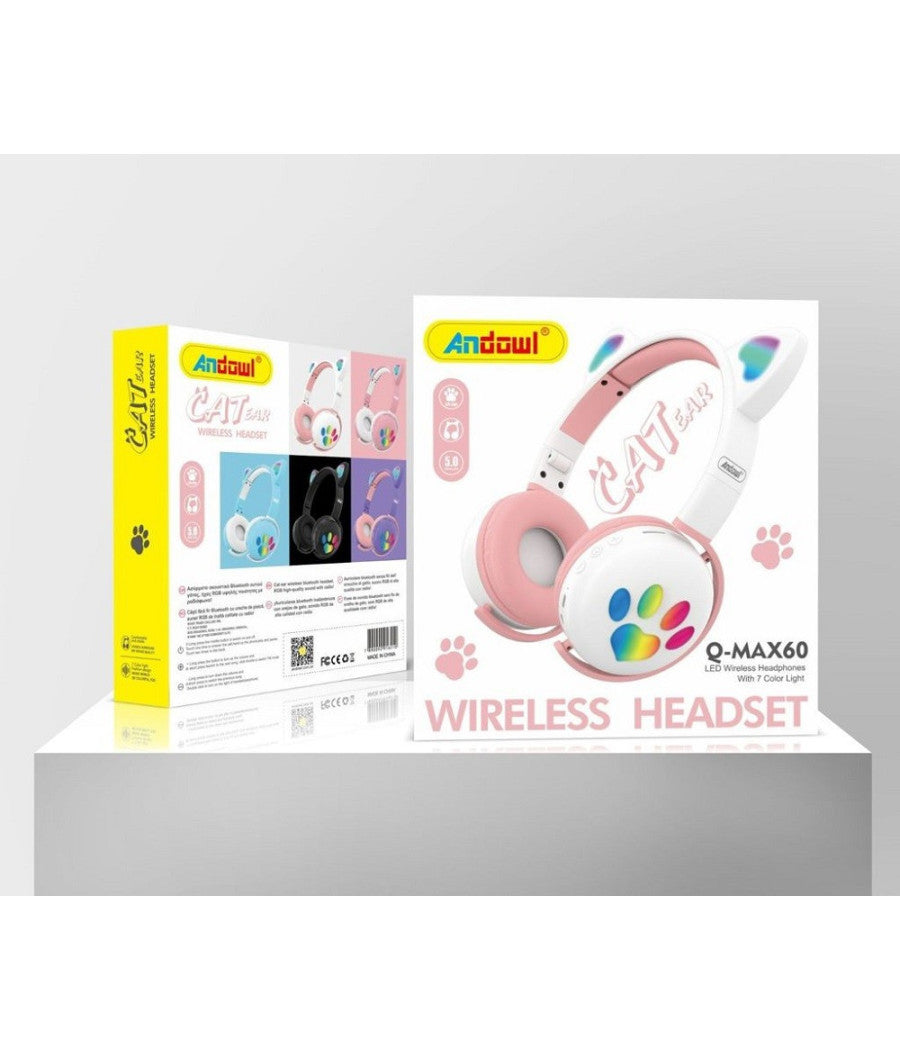 Cuffie Led Wireless Con Orecchie Da Gatto Con 7 Colori Di Luce Bluetooth Q-max60         