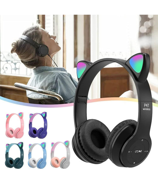 Cuffie Per Bambini Pieghevoli Senza Fili Con Orecchie Di Gatto A Led Bluetooth         