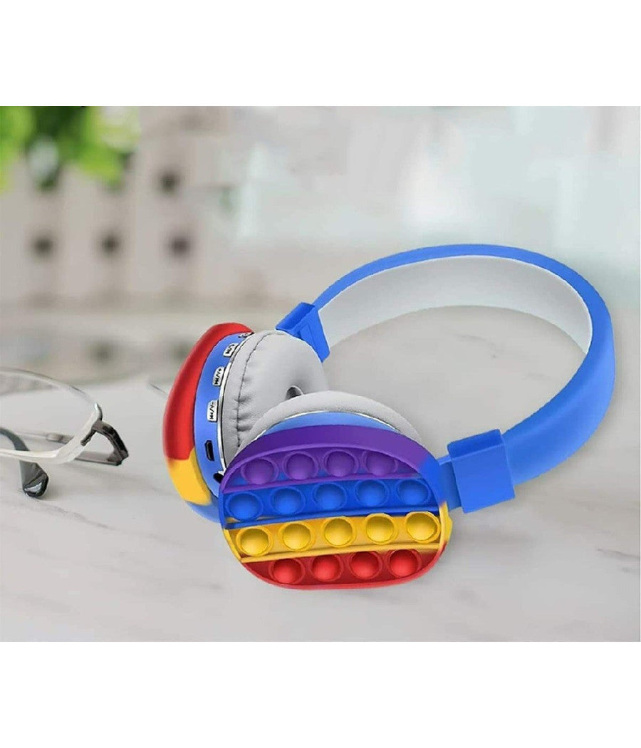 Cuffie Popit Blu Bambini Wireless Radio Bluetooth Arcobaleno Pieghevole Sd Usb         