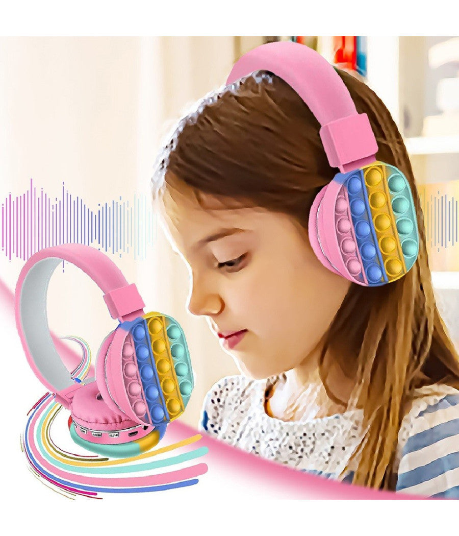 Cuffie Popit Rosa Bambine Wireless Radio Bluetooth Arcobaleno Pieghevole Sd Usb         