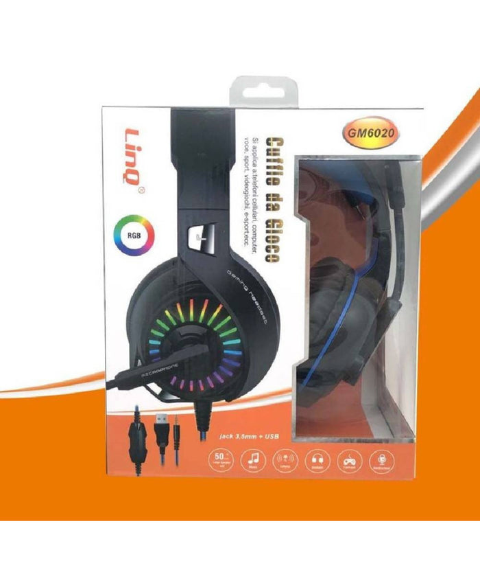 Cuffie Stereo Con Microfono Jack 3.5mm + Usb Con Led Gaming Giochi Film Pc Gm6020         