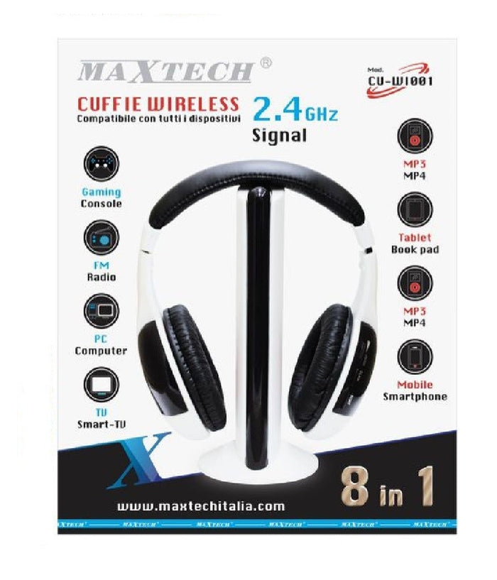Cuffie Wifi Wireless Per Tv Pc Mp3 Senza Fili Con Radio Fm Musica Stereo Maxtech Cu-wi001         