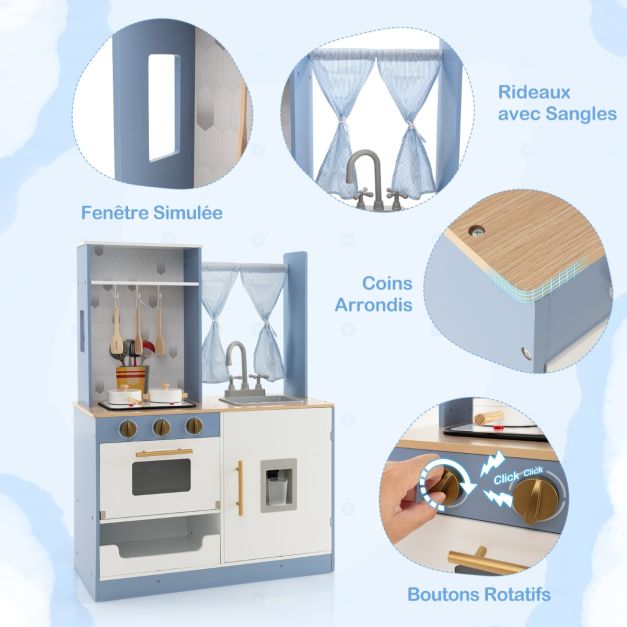 Tende da cucina da gioco in legno per bambini Fornello Lavello Forno Distributore d'acqua Giocattolo da cucina per ragazzi e ragazze dai 3 anni in su Blu 20_0006462