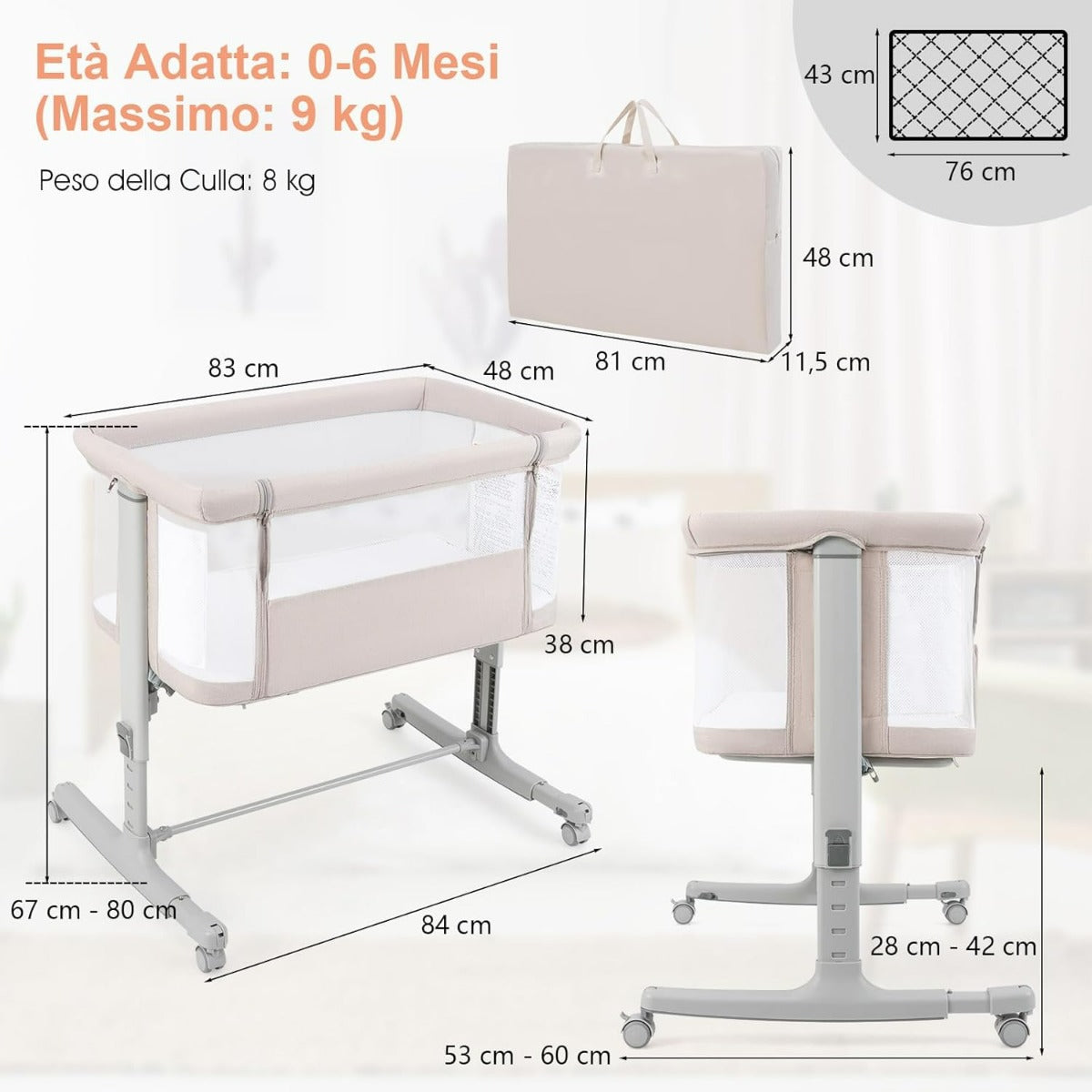 Culla per bambini 3 in 1 con 5 livelli di altezza regolabili borsa da viaggio, Traversina per bambini Beige-Culle