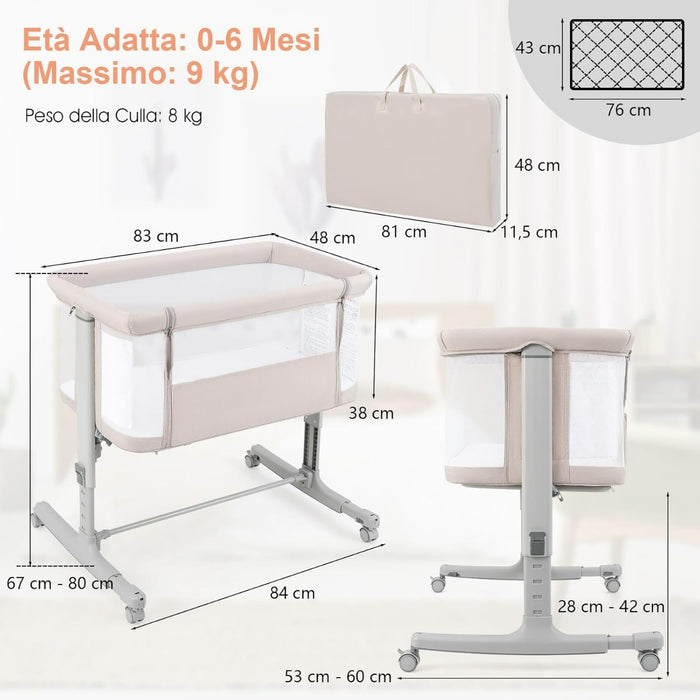 Culla per bambini 3 in 1 con 5 livelli di altezza regolabili borsa da viaggio, Traversina per bambini Beige-Culle