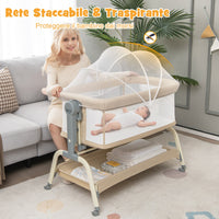 Culla per neonati con 6 altezze regolabili materasso rete a 4 lati cesto portaoggetti, Culla portatile Beige-Culle