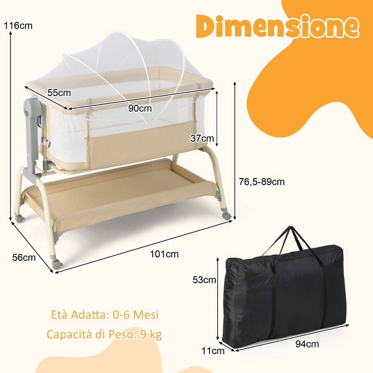 Culla per neonati con 6 altezze regolabili materasso rete a 4 lati cesto portaoggetti, Culla portatile Beige-Culle