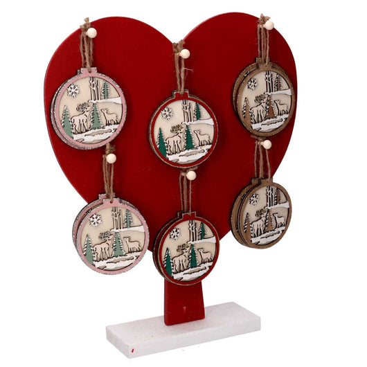 Cuore legno espositore c/12 addobbo renna 1-2 rosso cm 29x6,5h35