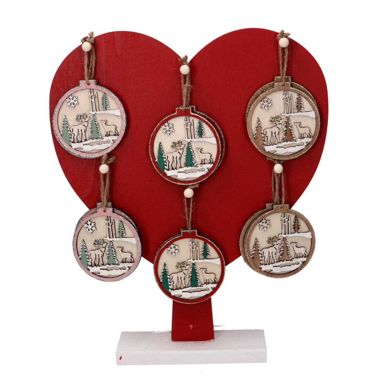 Cuore legno espositore c/12 addobbo renna 1-2 rosso cm 29x6,5h35