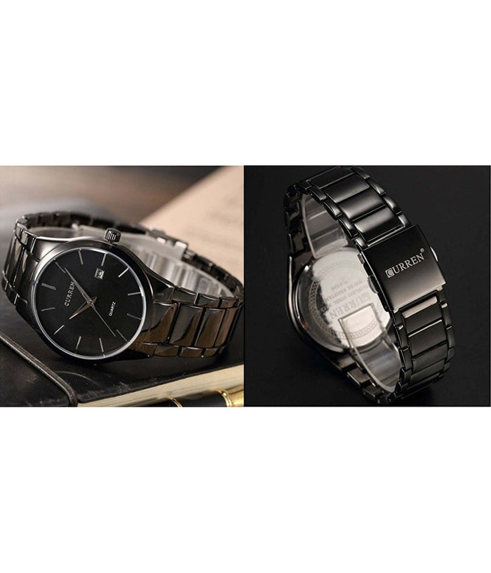 Curren Orologio Da Polso Uomo Acciaio Inox Analogico Quarzo Quadrante Nero         