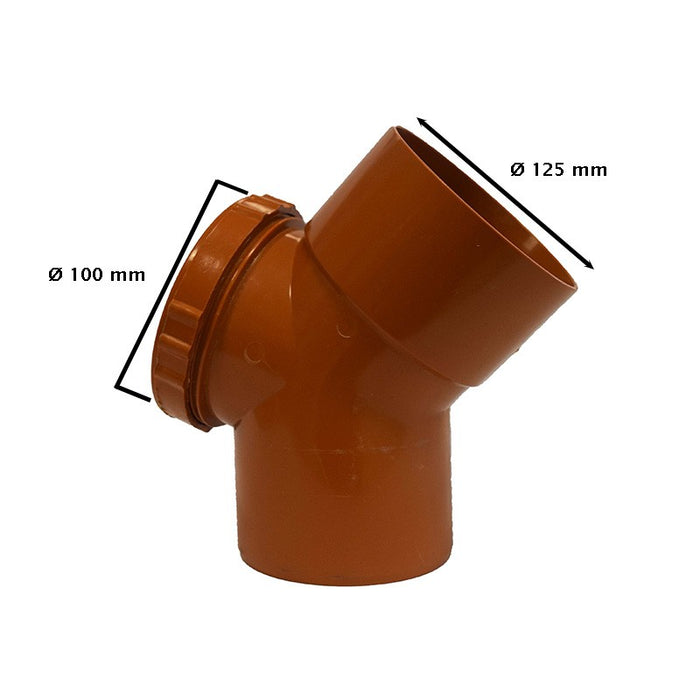 Curva 45° con tappo per ispezione in pvc : Colore - Ral 8023, Diametro - 125 (con tappo Ø100)