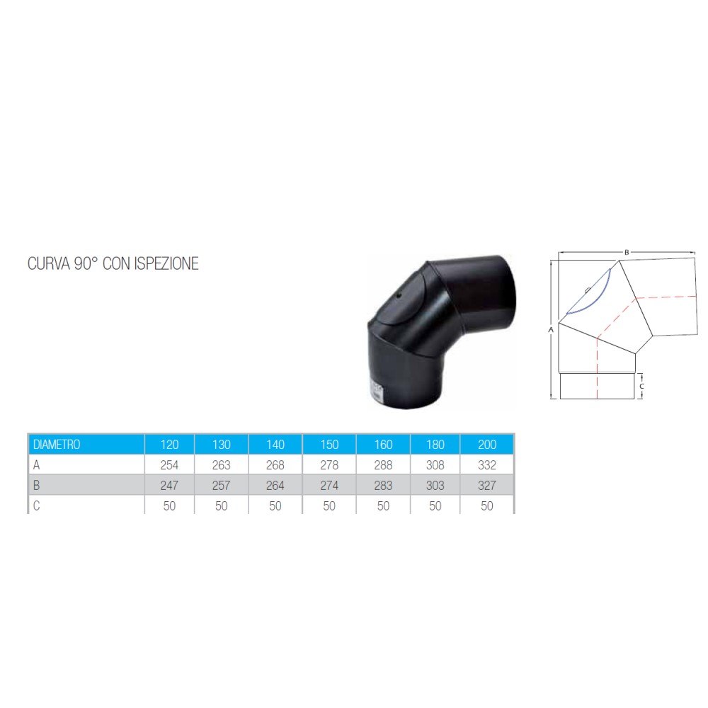 Curva a 90 gradi con ispezione da 160mm per stufa a legna