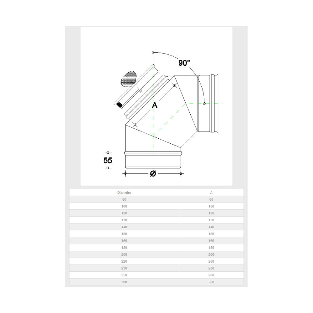Curva da 220mm gomito mf con ispezione a tappo da in acciaio inox aisi 304