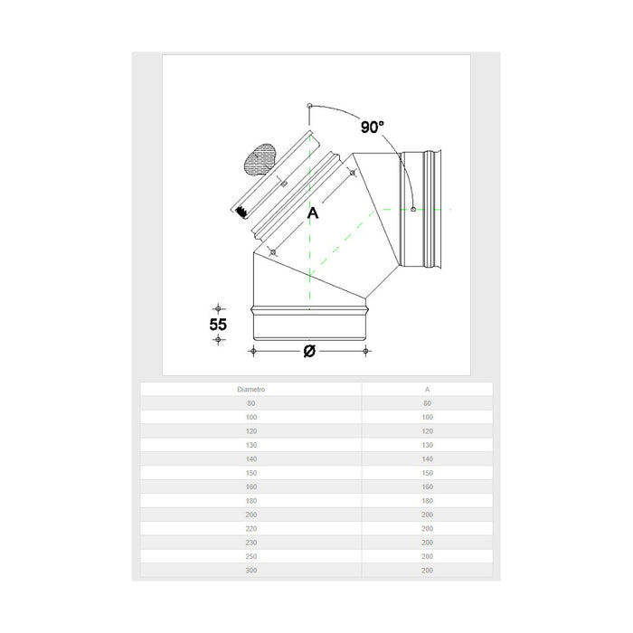 Curva da 220mm gomito mf con ispezione a tappo da in acciaio inox aisi 304