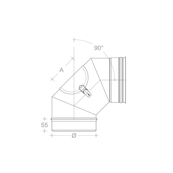 Curva gomito mf da 130mm con ispezione aderente in acciaio inox aisi 304
