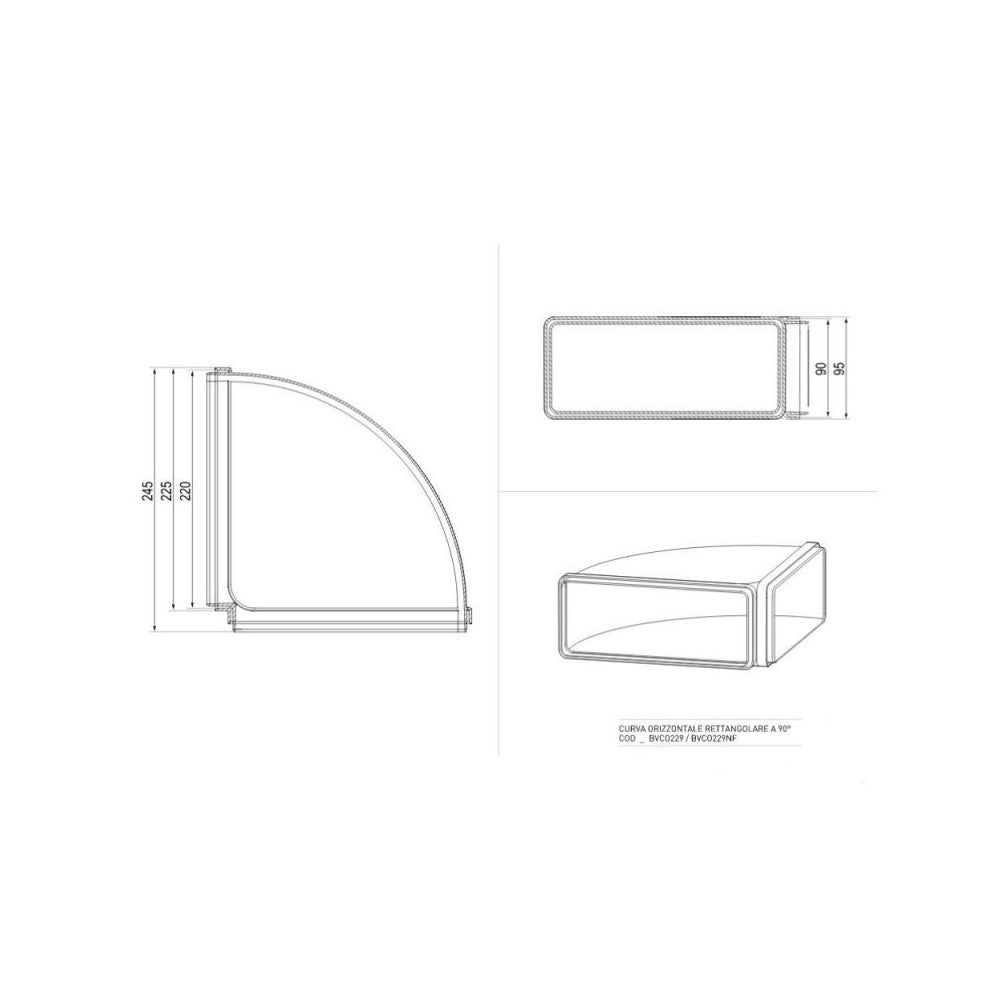 Curva orizzontale 90 gradi per tubo rettangolare per aspirazione cappa BVCO229