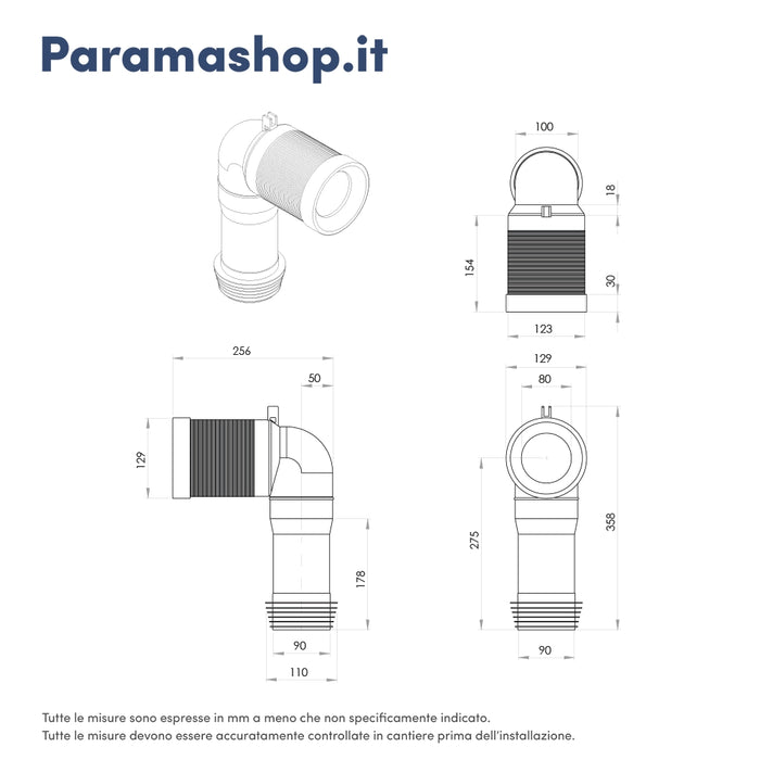 Curva tecnica per vaso traslato con scarico a terra da 6 a 14 cm
