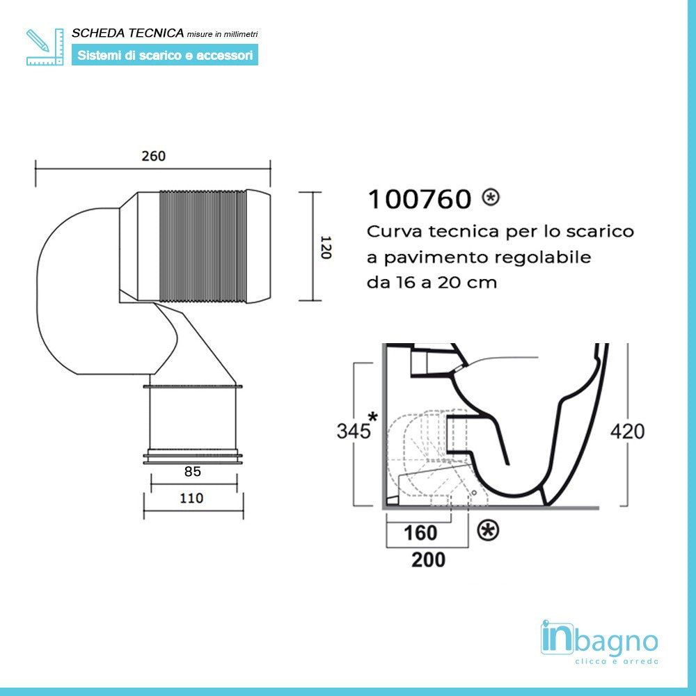 Curva tecnica per wc traslato con scarico a terra da 16 a 25 cm
