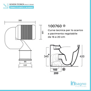 Curva tecnica per wc traslato con scarico a terra da 16 a 25 cm