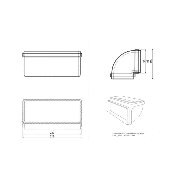 Curva verticale 90 gradi per tubo rettangolare per aspirazione cappa BVCV229