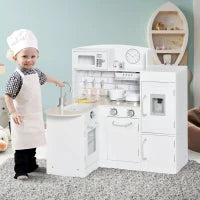 Cucina Giocattolo per Bambini in Legno con 14 Accessori, Forno, Lavandino, Frigo e Microonde, Età 3+ Anni, 86x64x84.5cm, Bianco e Argento
