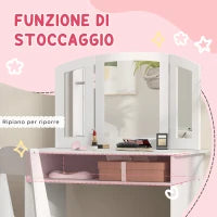 Set da Trucco per Bambini con Tavolo Toeletta con Specchio Triplo Rimovibile e Sedia in Legno Bianco