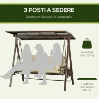 Dondolo da Giardino 3 Posti in Acciaio con Tettuccio Inclinabile e Cuscini, 208x120x174 cm