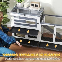 Conigliera a 2 Livelli con Rampa e 3 Vassoi, in Legno di Abete e Acciaio, 147x45x89.5 cm, Grigio e Bianco