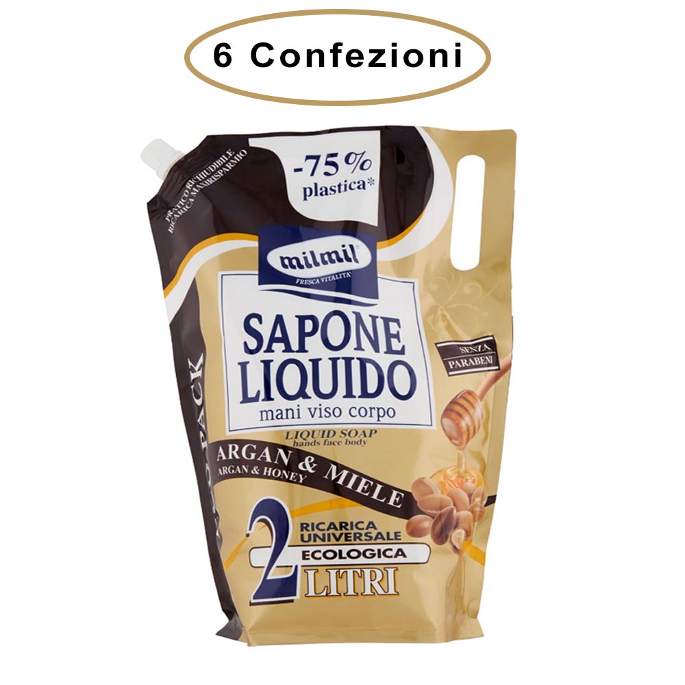Mil mil sapone liquido argan & miele ricarica maxi risparmio 6 confezioni da 2000 ml