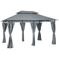 Gazebo Padiglione da Giardino in Stile Coloniale con Tetto Doppio e Tende Laterali, 3L x 4l x 2,8H m, Grigio