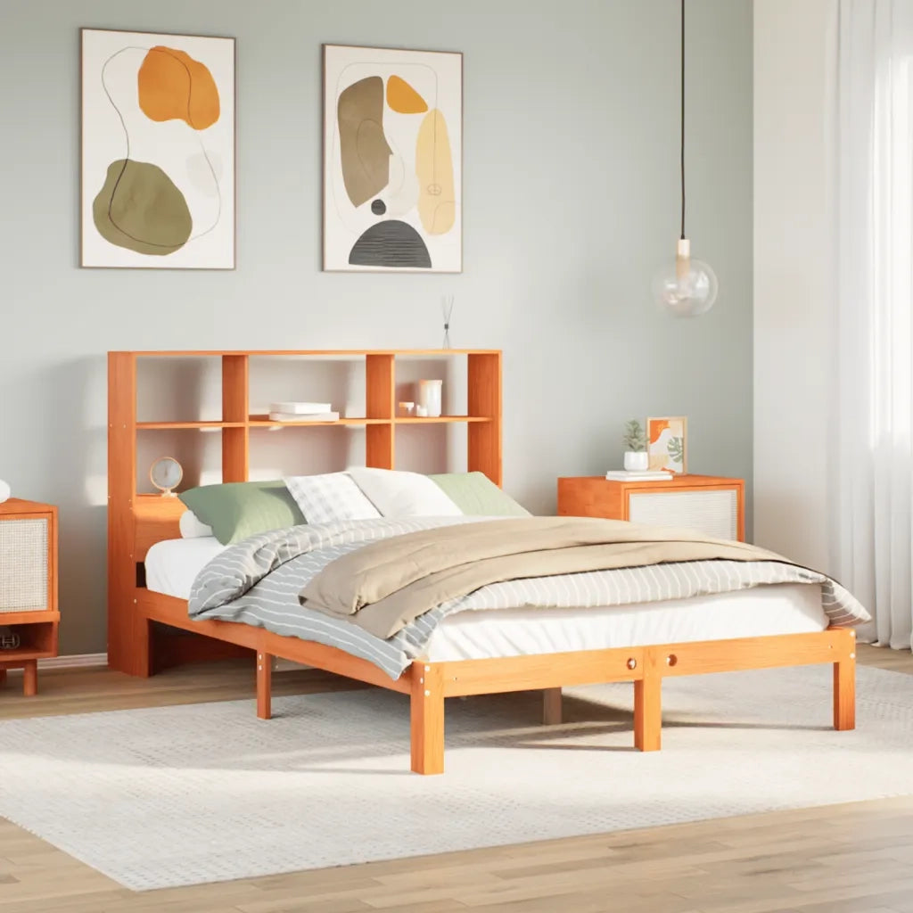 Letto Libreria senza Materasso-Struttura Letto con contenitore Marrone Cera 140x190 cm in Pino 208898