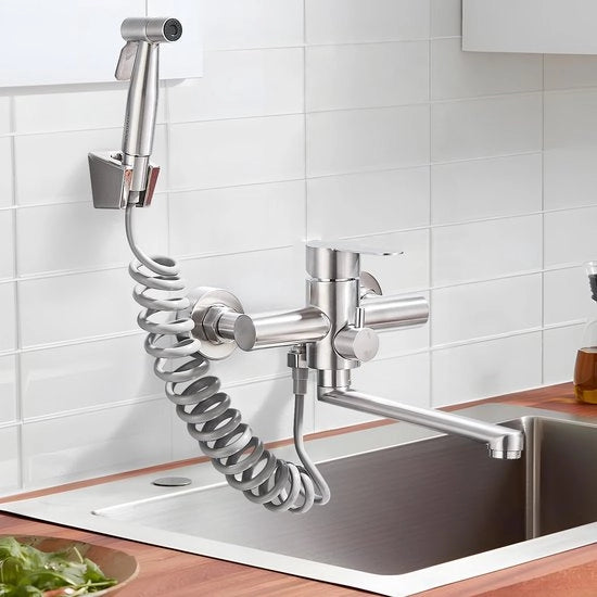 Ceramica da Parete per cucina da Muratura con due Fori Liscio a Nichel 23cm Maniglia a Lema con Pistola Spray Caldo e Freddo Maniglia Singola a Miscelazione in Acciaio Inossidabile