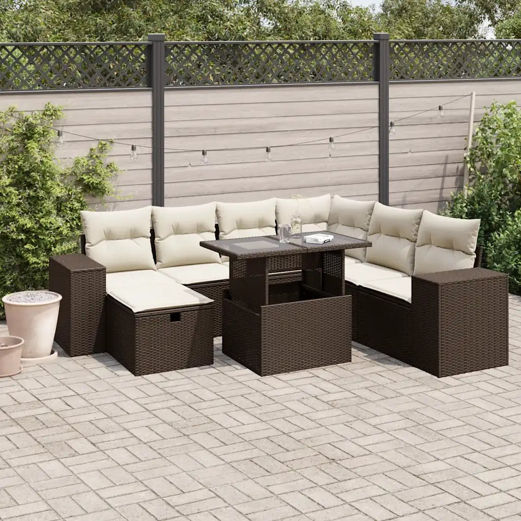 Set Divani da Giardino 8 pz con Cuscini Marrone in Polyrattan