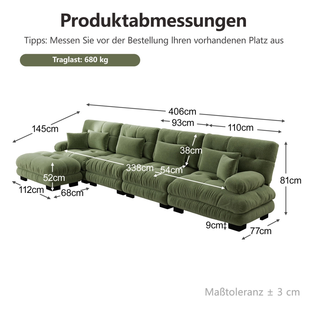 Divano angolare modulare 4 posti in tessuto Chenille verde con pouf mobili