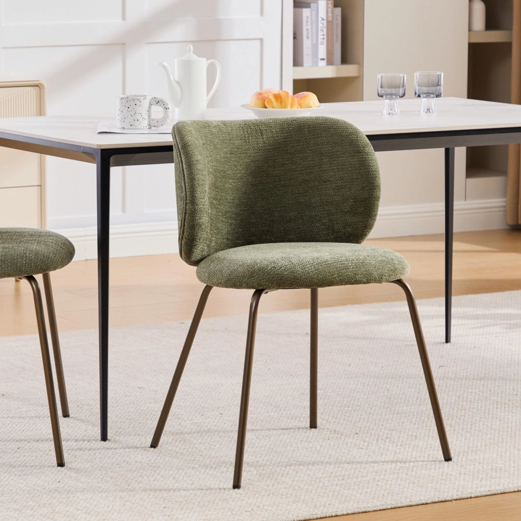 Sedia da pranzo Chenille moderna - Zephmum- Schienale curvo imbottito, gambe in bronzo, verde