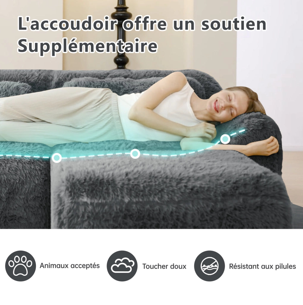 Divano modulare 3 posti Boneless Cloud in tessuto vellutato grigio con 3 pouf