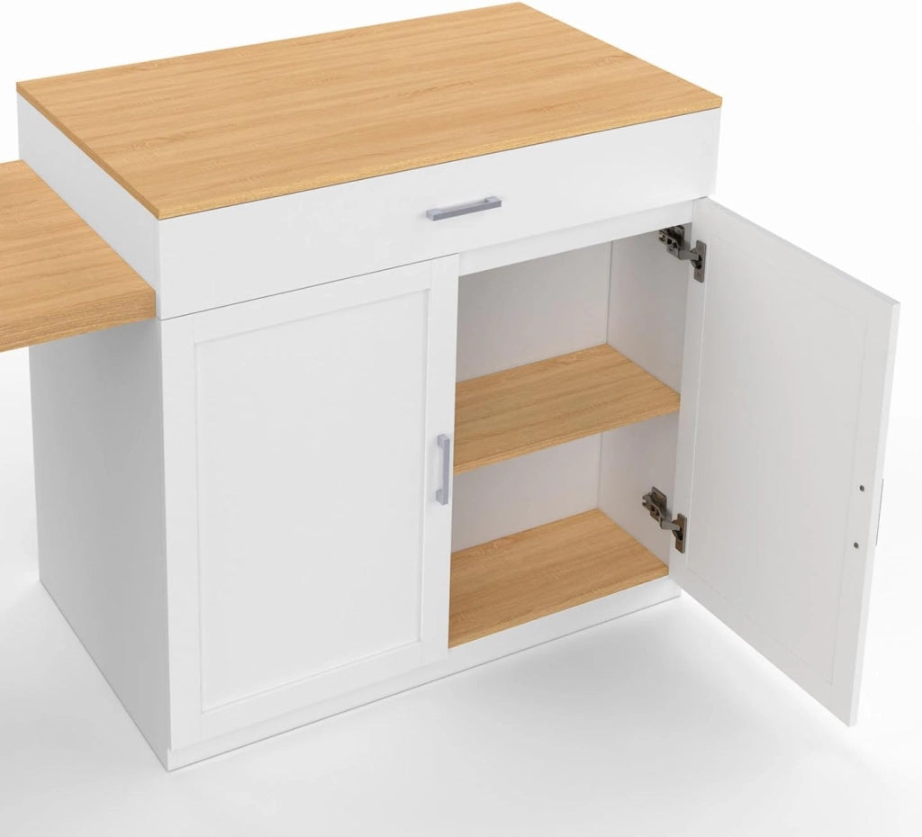 Isola centrale VITO 94-155 cm in legno bianco con tavolo da pranzo integrato allungabile in finitura faggio